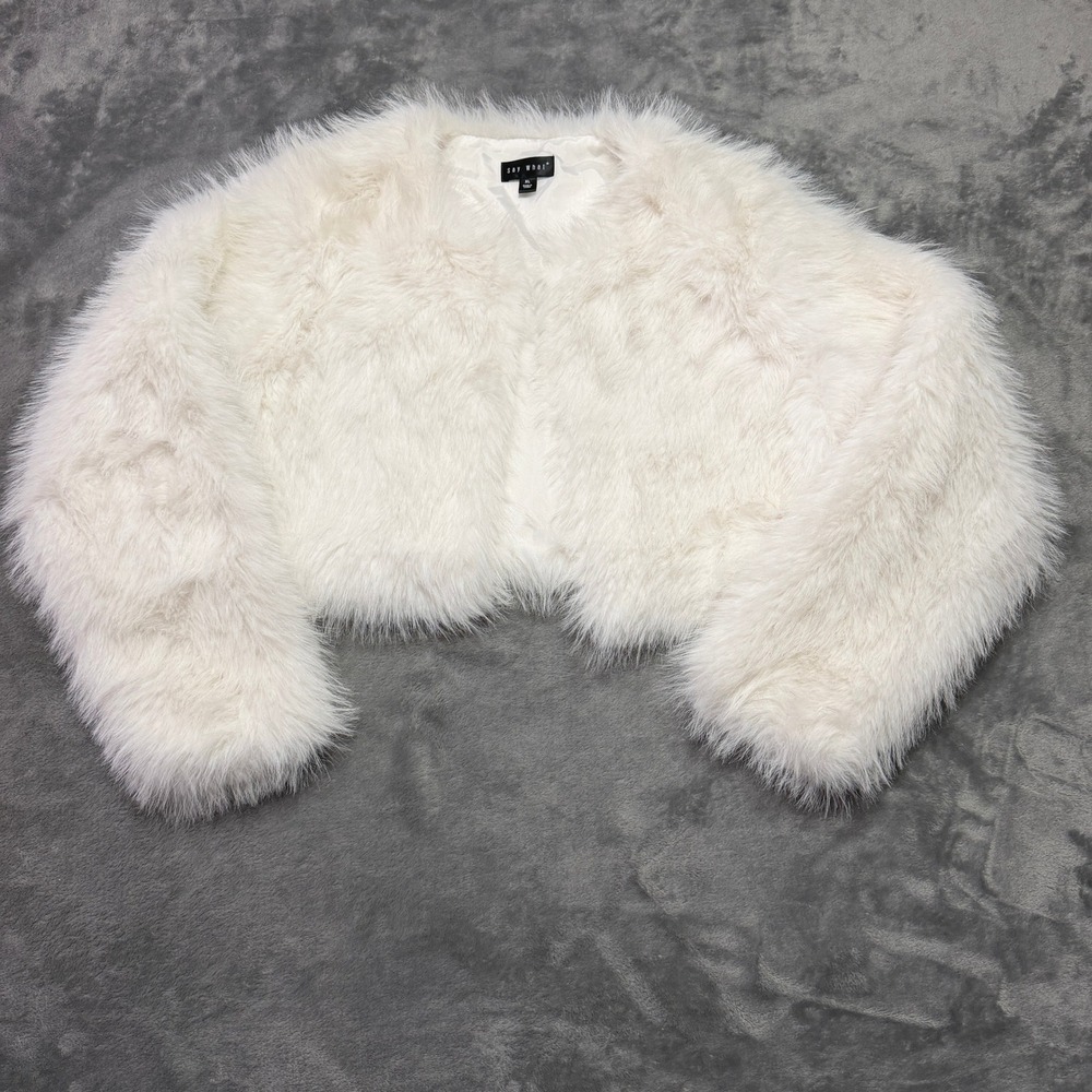 Say What White L/XL Cream Faux Fur Crop Coat Jacket Shrug Open Front Soft Glam